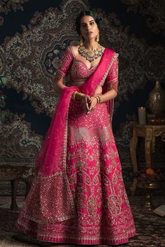 Rachit Khanna Turquoise-Hot Pink Fuljhadil Lehenga Set-INDIASPOPUP.COM Sabyasachi Pink Lehenga, Hot Pink Lehenga Jewellery Ideas, Indian Fashion Saree Hot Pink, Jewellery For Pink Lehenga, Hot Pink Bridal Lehenga Wedding, Hot Pink Bridal Lehenga, Bridal Pink Lehenga, Rachit Khanna, Pink Lehenga Bridal