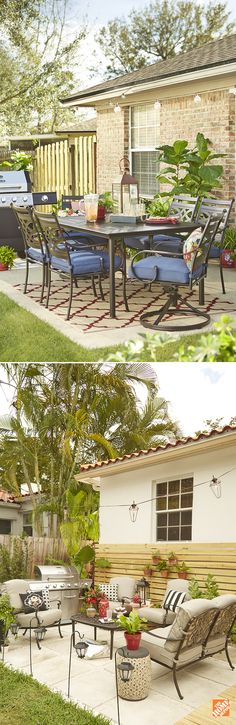 before and after photos of patio furniture in front of a house with landscaping around it