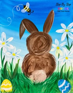 a painting of a bunny sitting in the grass next to some eggs and flowers with a bee flying over it