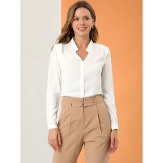 This shirt is elegant and charming for workwear or a day-to-night look, with a cut-out v-neck and unique shoulder details. No-see-through chiffon fabric and stylish v-neck make it a perfect choice for work, office, and daily wear. Pair this work office shirt with a pencil skirt, work pants, or casual jeans. The return of a classic, this button-up shirt is cut from in a chiffon sateen in an always flattering fit-and-flare silhouette. Model Body Size: Height: 5'9", Chest: 33 inches, Waist: 24 inch Elegant White V-neck Shirt, Spring Formal V-neck Shirt, Solid Color Blouse With Lapel Collar For Work, White V-neck Office Blouse, Collared Blouse For Office Wear, Solid Color Office Lady Blouse For Semi-formal Occasions, Elegant Plain Shirt For Work, Semi-formal Solid Office Blouse, Semi-formal Solid V-neck Top