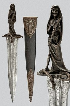 three different types of knifes with skeleton figurines on them