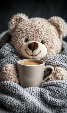 a teddy bear wrapped in a blanket with a cup of coffee on it's lap