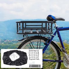 a blue bicycle with a basket on the back and some other items in front of it