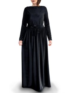 "Velvet black maxi dress in 5XL size. Only one available. Bust - around 118 cm (46 inches) Waist - around 104 cm (41 inches) This garment is made for 170 cm (5\"11') total height. Modest velvet maxi dress with Long sleeve dress, velour formal maxi dress, Green dress plus size, Long green dress, modest dress This dress is a must have for the new season. Classic, yet interesting design. Long sleeves. Slips on -------------------------- SIGN UP TO OUR NEWSLETTER and get COUPON CODE for 15% OFF! htt Modest Dress Formal, Plus Size Velvet Dress, Black Velvet Long Dress, Sleeve Dress Formal, Dress Code For Women, Black Wedding Guest Dresses, Long Sleeve Maternity Dress, Long Tunic Dress, Formal Maxi Dress