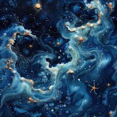 an abstract painting with stars and bubbles in the air, on a dark blue background