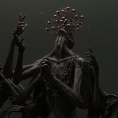 an image of a creepy creature with flowers on his head and hands in the air