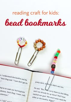 an open book with three booksmarks on it and the title reading craft for kids bead bookmarks