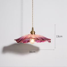 an image of a pink flower hanging from a light fixture with measurements on the side