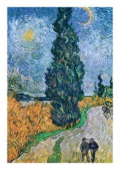 the painting shows two people walking down a road with trees and grass on either side