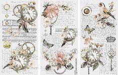 three different images of clocks and flowers on top of each other with words written in them