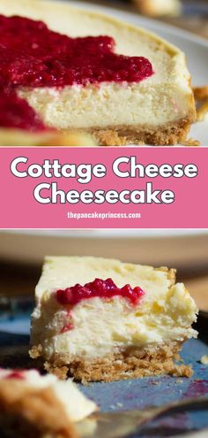 cottage cheese cheesecake with raspberry sauce on top is cut in half and ready to be eaten