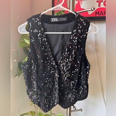 Zara, Black Sequined Vest, Size Medium. Never Worn, Like New Sequin Vest, Zara Jackets, Walker Boots, Pajama Shirt, Fit N Flare Dress, Zara Black, Rain And Snow Boots, Boot Sandals, Trending Accessories