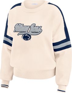 Design Long sleeve, pullover sweater Rib-knit design Relaxed, boxy fit Style and Team Spirit Chenille team graphics Team name typography on back Additional Details Machine washable Officially licensed product Penn State Sweatshirt, Name Typography, Football Sweater, Erin Andrews, Long Sleeve Pullover Sweater, Penn State, Sweaters Crewneck, Sweater Knit, Knitting Designs