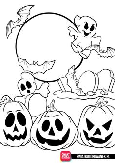 halloween coloring pages for kids with pumpkins and bats on the ground in front of them