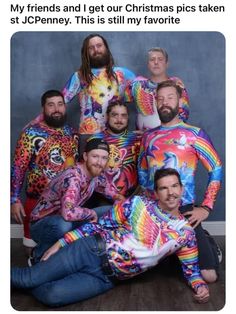 a group of men in colorful shirts posing for a photo with the caption'my friends and i get our christmas pics taken at jcpenney this is still my favorite