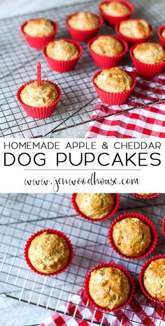 homemade apple and cheddar dog cupcakes on a cooling rack with red checkered cloth