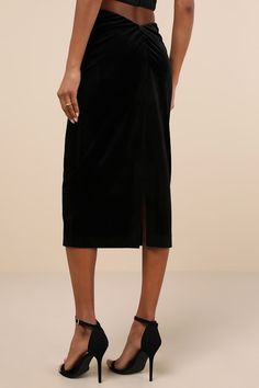 Chic and definitely flirty, you can always rely on the Lulus Exceptional Confidence Black Velvet Ruched Midi Skirt to make any night out perfect! This plush, velvet velour skirt has a sultry bodycon silhouette with a high, elasticized waistband and ruching along the sides and at the back. A sophisticated midi hem and convenient kick pleat at the back complete the look! Fit: This garment fits true to size. Length: Knee to mid-calf length. Size medium measures 30.50" from waist to hem. Waist: Fitt Velour Skirt, Ruched Midi Skirt, Velvet Midi Skirt, Kick Pleat, Mid Calf, Black Velvet, Midi Skirt, Night Out, Confidence