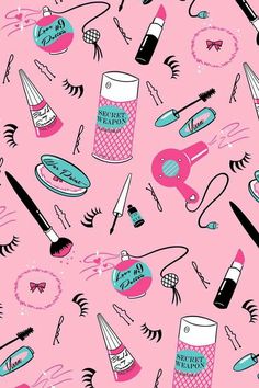 a pink background with different types of makeup and hair products on it's surface