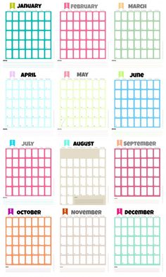 a calendar with the months in different colors and numbers on each page, including one for each month