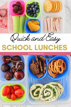 the lunch box is filled with school lunches and snacks for kids to eat together