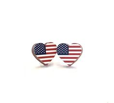 USA Flag Heart Studs -  Laser Cut Earrings from Reforested Wood Patriotic Earrings, Laser Cut Wood Earrings, Red Sunflowers, Patriotic Fashion, Laser Cut Earrings, Cut Earrings, Toxic Water, Heart Stud Earrings, Jewelry Tree