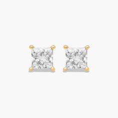 14K Yellow Gold Princess Cut Diamond Stud Earrings (0.75 CTW - H-I / SI1-SI2). This pair of classic princess cut diamond earrings feature a tapered basket, showcasing the unique characteristics of a princess cut diamond. Linear, chunky flashes of light shimmer though out this dramatic geometric pattern. Princess Cut Diamond Earrings, Princess Cut Gold, Princess Cut Diamond, Unique Characteristics, Diamond Stud Earrings, Diamond Stud, Princess Cut Diamonds, A Princess, Diamond Earrings Studs