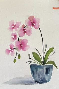 a watercolor painting of pink flowers in a blue vase on a wooden table next to a potted plant