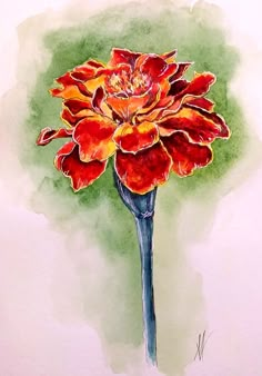 a watercolor painting of a red and yellow flower