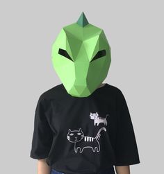 a young boy wearing an origami mask with a cat on it's back