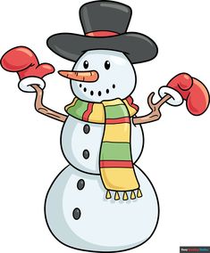 a snowman wearing a hat, scarf and mittens