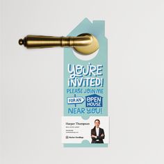 a door hanger with a key hanging from it's side and the words, you're involved please join me for an open house near scott