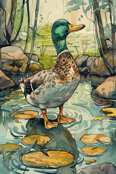 a painting of a duck standing on top of a body of water with lily pads