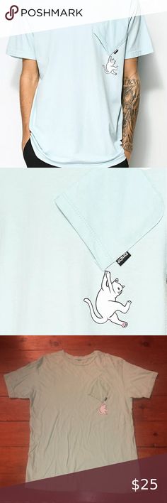 Ripndip Hang in There Nermal Cat Falling from Pocket Mint Green Shirt Nermal Cat, Cat Falling, Mint Green Shirts, Rip N Dip, Phone Wallpaper Quotes, Hang In There, Green Shirt, Wallpaper Quotes, Cut Off