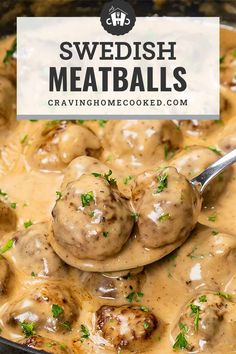 swedish meatballs with gravy in a skillet on the side and text overlay