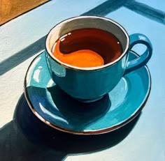 a painting of a tea cup and saucer on a blue plate with the shadow of a window behind it