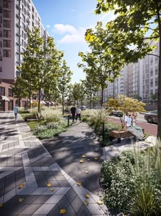 an artist's rendering of a park with people walking and sitting on the benches