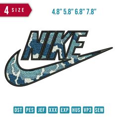 the nike logo is shown in blue and white with black letters on it, as well as