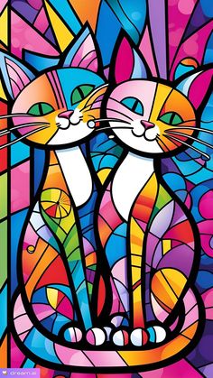 two cats sitting next to each other in front of a colorful stained glass wallpaper