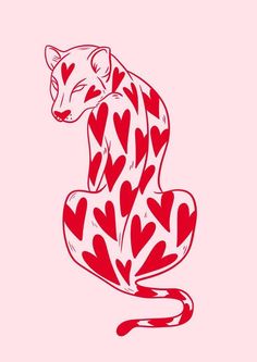 a red and white cheetah with hearts on it's tail, sitting in front of a pink background