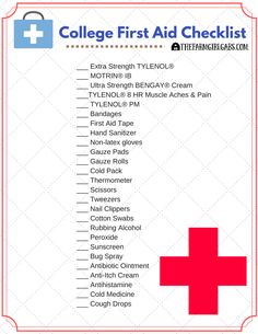 the college first aid checklist is shown in red and white with an image of a cross on it