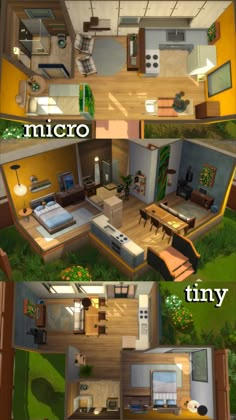 three different views of the inside of a house from top to bottom, with text that reads micro tiny and tiny