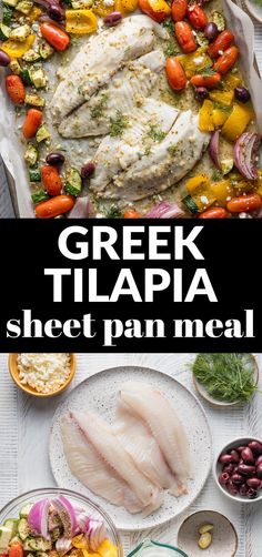 greek tila sheet pan meal with fresh vegetables and fish