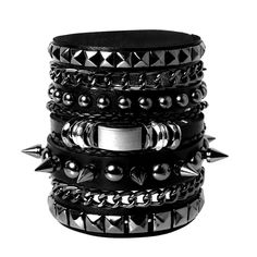 PRICES MAY VARY. 1. 3 Pcs Punk and Gothic Leather Bracelets you will get: A Cool Hollow Bracelet with Chain and Spikes + A Cool Hollow Bracelet with Chain and Rivet + An attractive Leather Punk Bracelet with board 2. Punk and Gothic Style Bracelets: These bracelets are designed as punk and gothic jewlery accessories, therefore, you can not only match them with your daily casual dressing, but you can also dress them as punk and gothic outfits. 3. Adjustable Buckle: To convinence our customers, th Punk Style Studded Leather Bracelet, Drippy Clothes, Black Metal Punk Bracelets, Punk Metal Leather Bracelet With Spikes, Spiky Bracelet, Spike Bracelet Punk Rock, Ghost Cosplay, Black Leather Punk Bracelets, Emo Jewelry