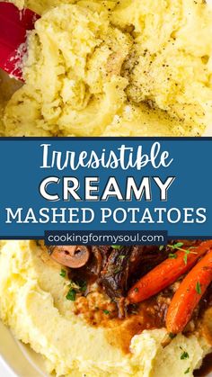 mashed potatoes and carrots in a white bowl with text overlay