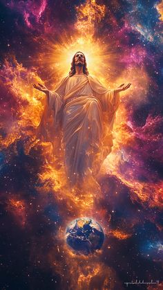 the statue of jesus is surrounded by fire and stars in this artistic painting, it appears to be floating above the earth