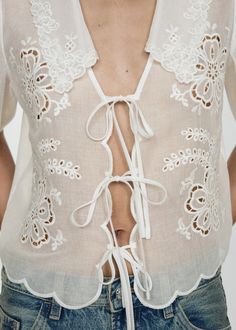 Embroidered blouse with bows - Woman | MANGO USA European Summer Outfits, Bow Women, Tie Front Top, Tie Blouse, Front Tie Top, Elbow Length Sleeve, Cut Work, Material Design, Embroidered Blouse