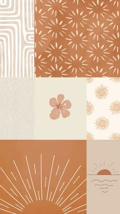 four different patterns with flowers and sunbursts on them, all in shades of brown