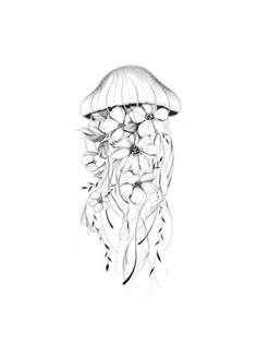 a drawing of a jellyfish with flowers on it's head and long tentacles