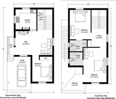 two story house plan with floor plans and measurements