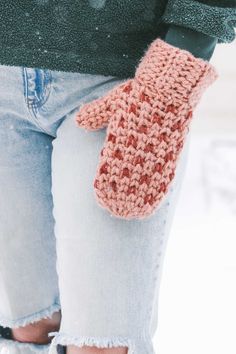 A woman wearing a crochet mitten pattern. Yarn Diy Projects, Mittens Crochet, Crochet Waistcoat, Make And Do Crew, Leather Tags, Modern Crochet Patterns